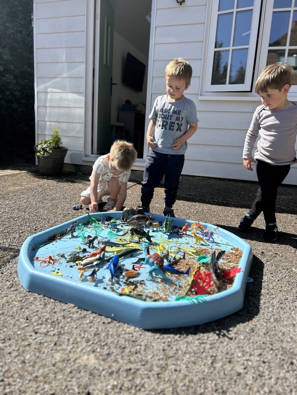 Children exploring a tray of toy dinosaurs outside